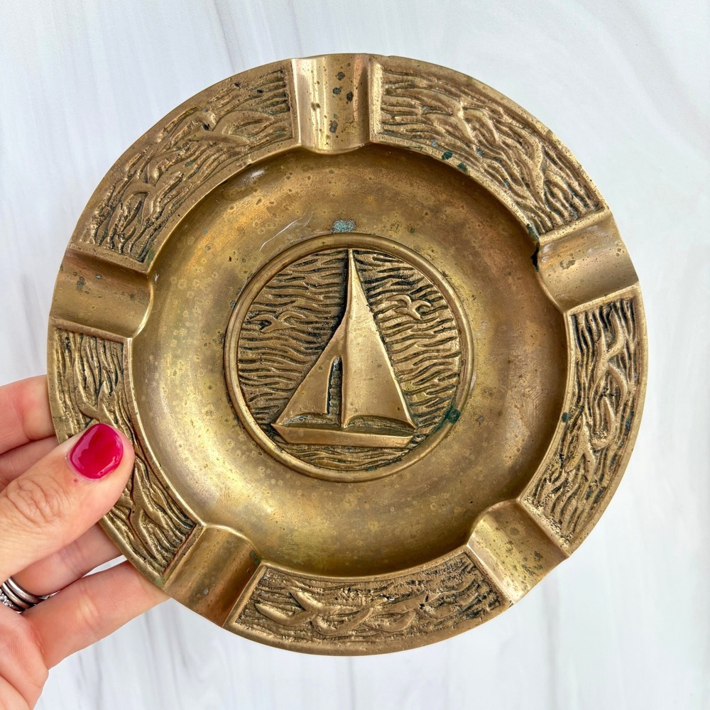 Vintage Solid Brass Sailboat Nautical Ashtray Round Maritime Decor 6.25 Inch